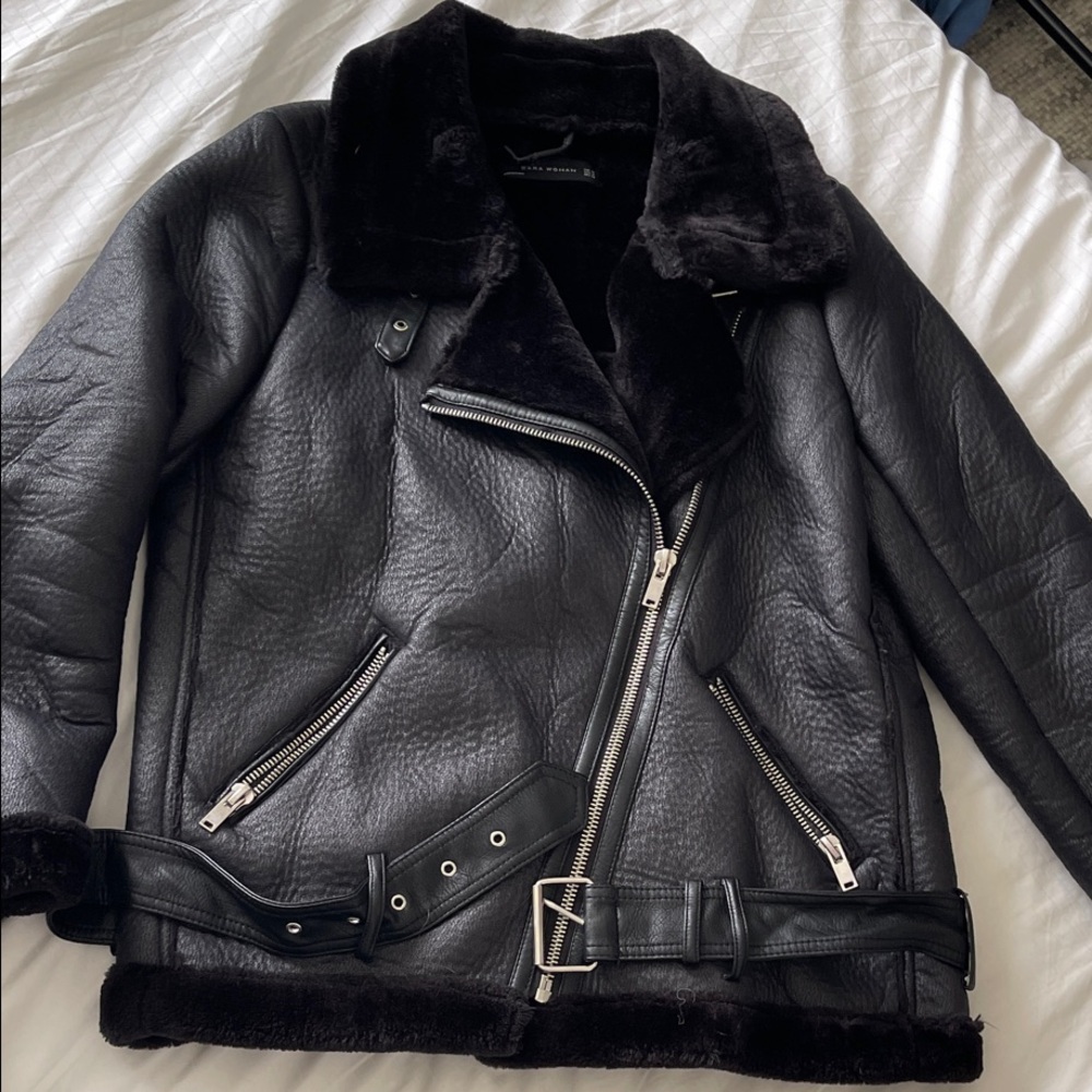 Zara Black Faux-Shearling Leather Moto Jacket